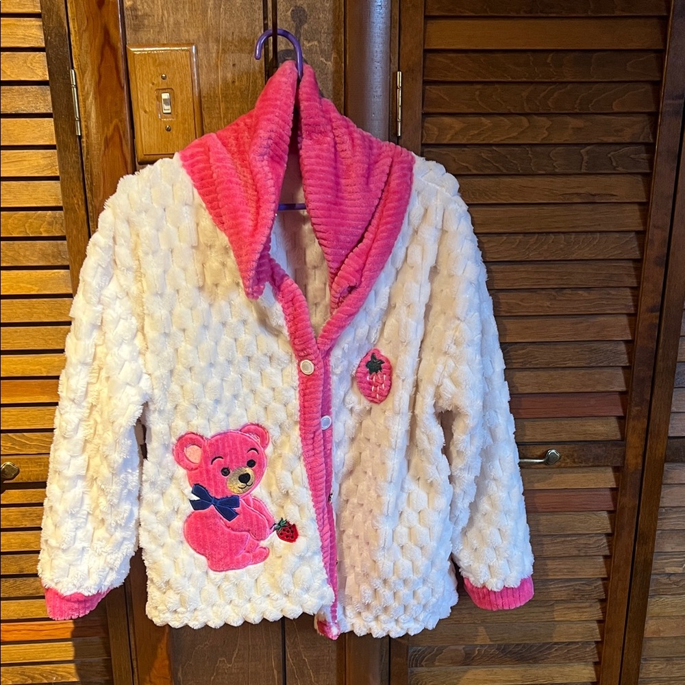 Rare boutique Pink and White Fuzzy Jacket with Bear Design